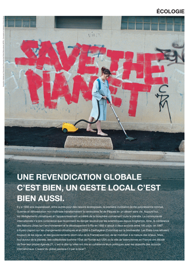 Illustration "Save the planet", une personne passe l'aspirateur dans la rue