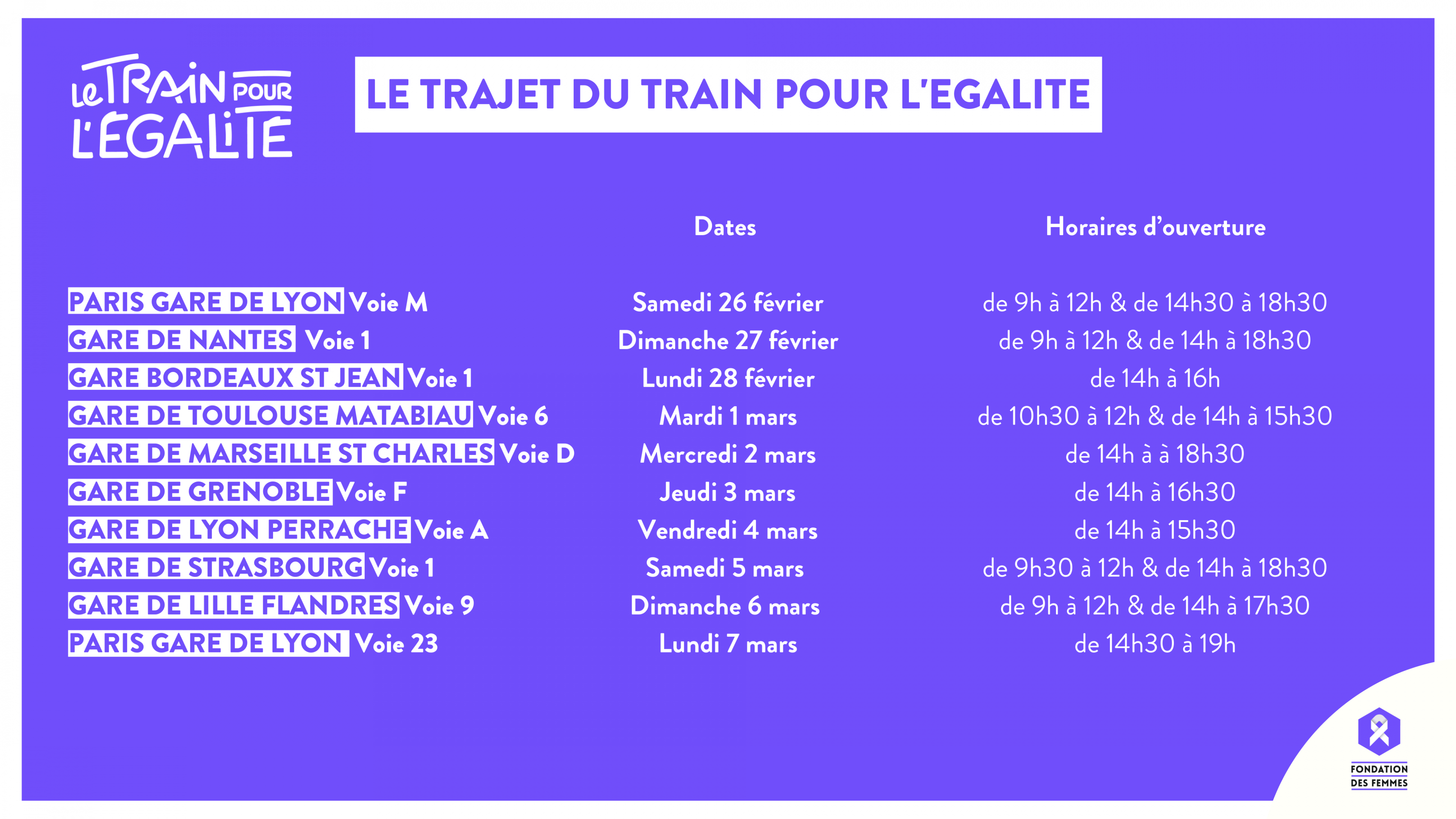 26 février et 7 mars : Paris ; 27 février​​​​​​​ : Nantes ; 28 février : Bordeaux ; 1er mars : Toulouse ; 2 mars : Marseille ; 3 mars : Grenoble ; 4 mars : Lyon ; 5 mars : Strasbourg ; 6 mars : Lille