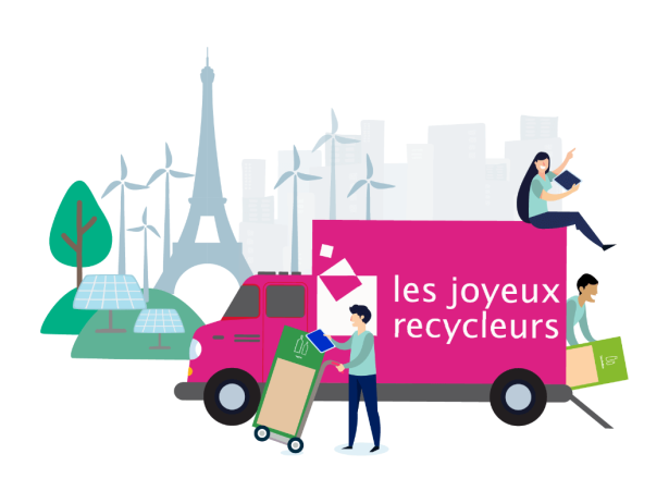 Montage les joyeux recycleurs avec camions, personnages et éoliennes